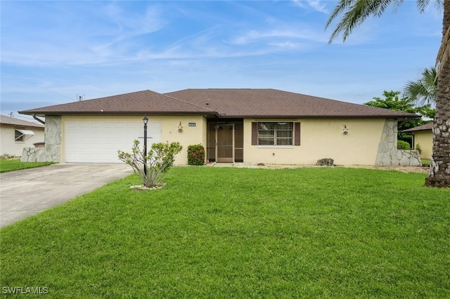 ranch-style house with a garage and a front lawn