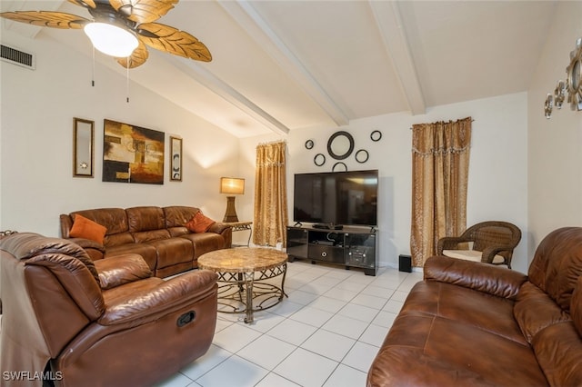 tiled living room with ceiling fan and lofted ceiling with beams