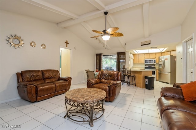 living room with high vaulted ceiling, ceiling fan, beamed ceiling, and light tile patterned floors