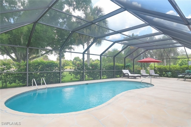 view of pool featuring a lanai and a patio