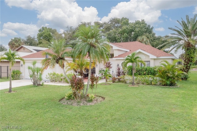 mediterranean / spanish house with a front lawn and a garage