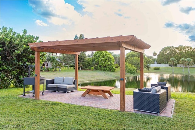 exterior space featuring a water view, an outdoor hangout area, and a pergola