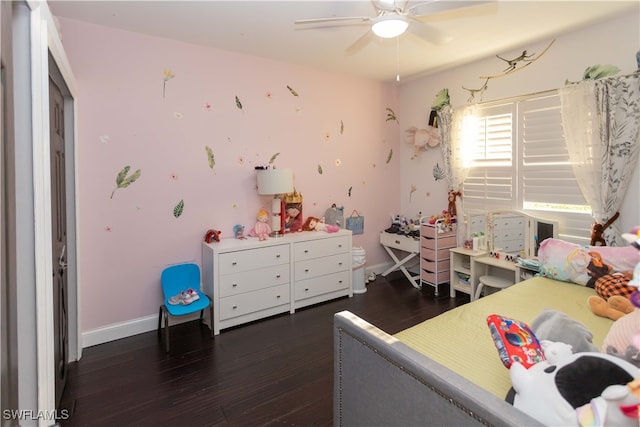 bedroom featuring ceiling fan and dark wood-type flooring