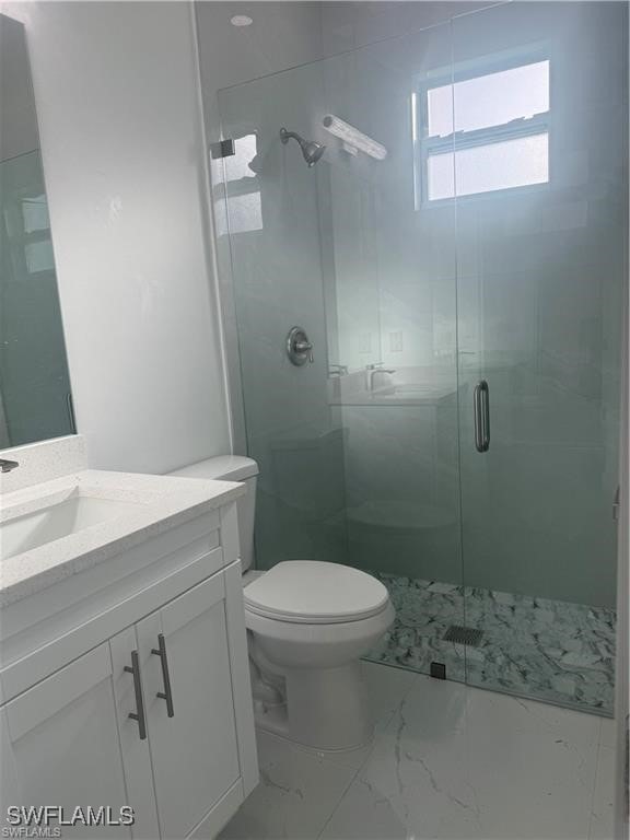 bathroom with vanity, toilet, and an enclosed shower