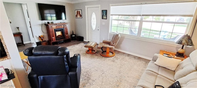 living area with a glass covered fireplace and baseboards