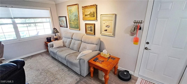 sitting room with baseboards, wood finished floors, and crown molding