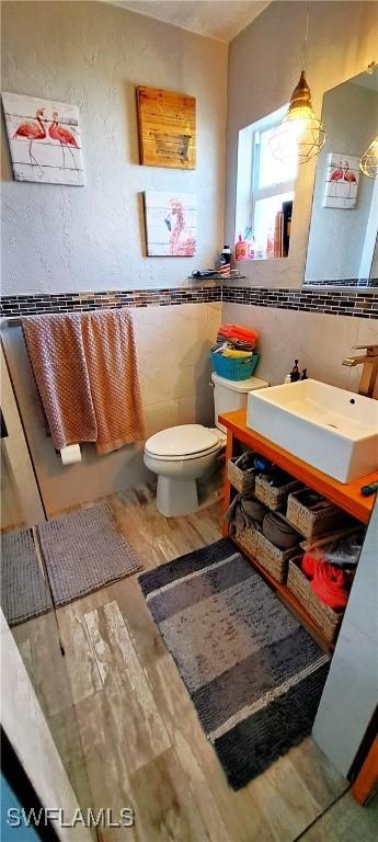 bathroom with vanity, tile walls, toilet, and wood finished floors