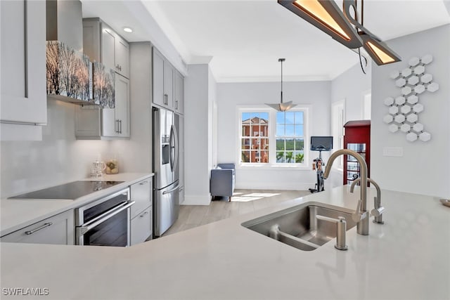 kitchen with light hardwood / wood-style flooring, stainless steel appliances, sink, pendant lighting, and gray cabinets