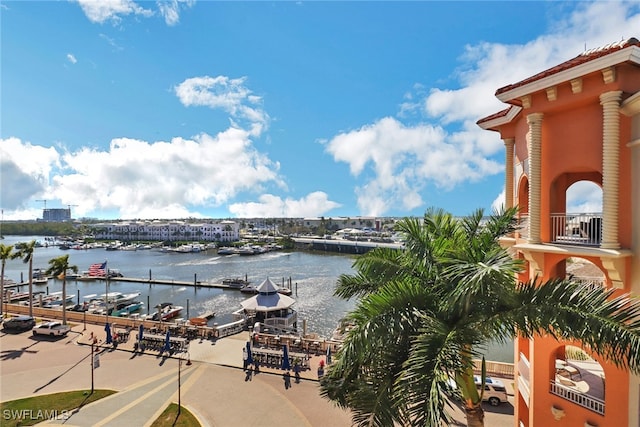 property view of water featuring a dock