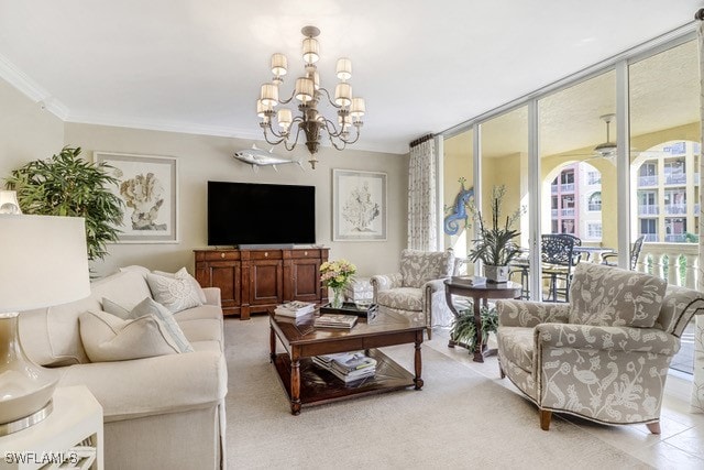 carpeted living room featuring an inviting chandelier and ornamental molding