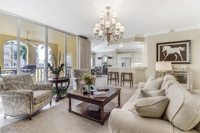 living room with ornamental molding, an inviting chandelier, and sink