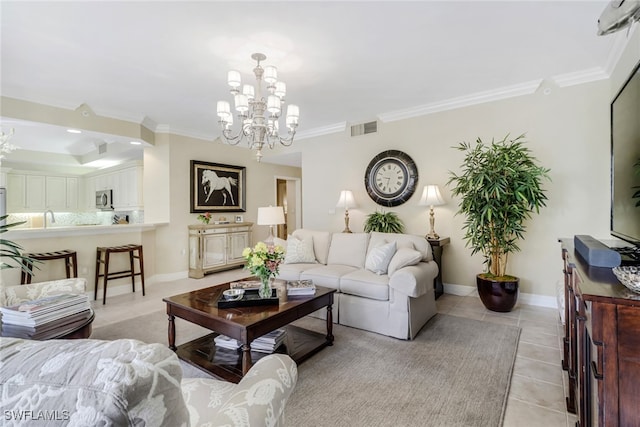 tiled living room featuring ornamental molding and a notable chandelier