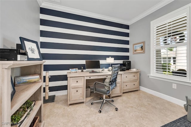 office space featuring ornamental molding and baseboards