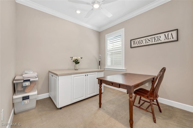 office with light carpet, baseboards, ornamental molding, and ceiling fan