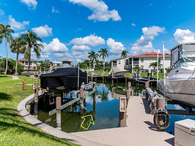 view of dock with a water view and a yard