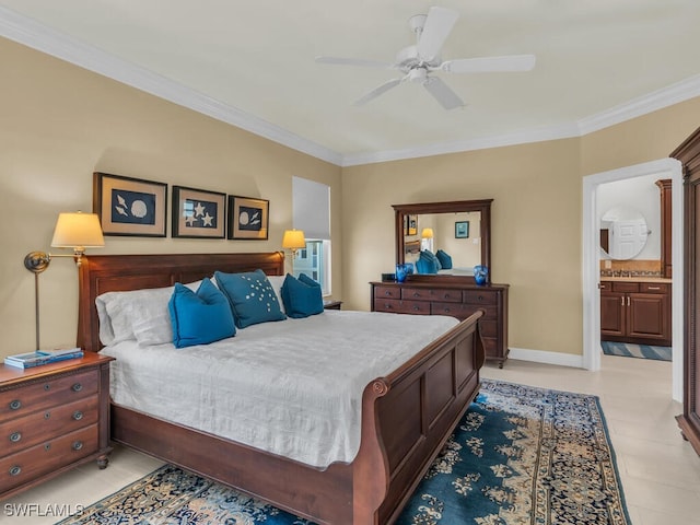 bedroom with ceiling fan, light tile patterned flooring, ensuite bath, and crown molding