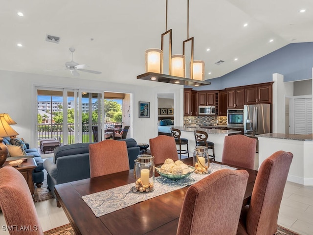 1105 Gayer Way Unit A-202, Marco Island, FL 34145 - dining area featuring vaulted ceiling, recessed lighting, ceiling fan, and french doors