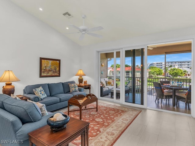 1105 Gayer Way Unit A-202, Marco Island, FL 34145 - living area with ceiling fan, plenty of natural light, vaulted ceiling, and recessed lighting