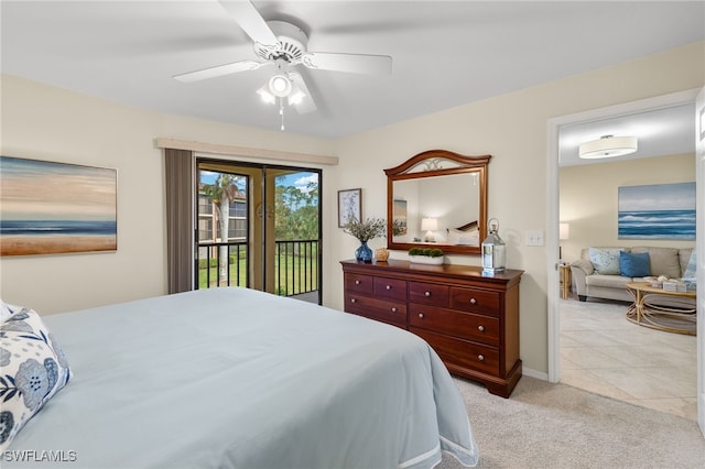 carpeted bedroom featuring ceiling fan and access to outside