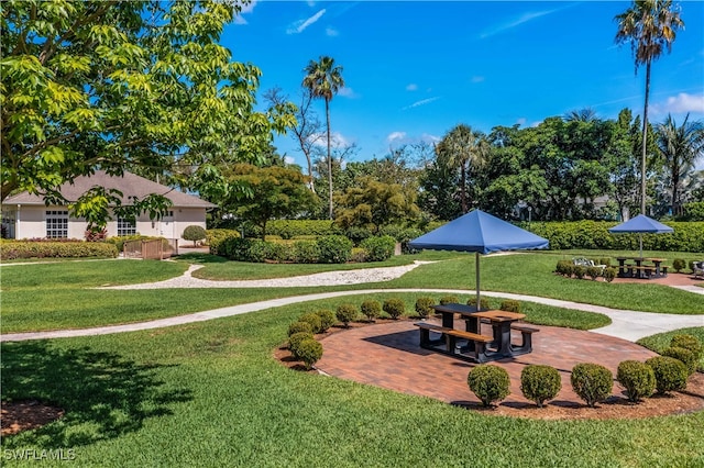 view of community with a lawn and a patio