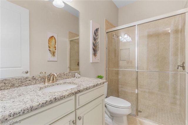 bathroom featuring vanity, a shower stall, and toilet