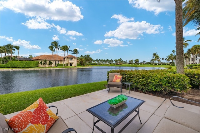 view of patio / terrace featuring a water view