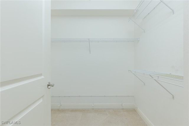 walk in closet featuring light carpet