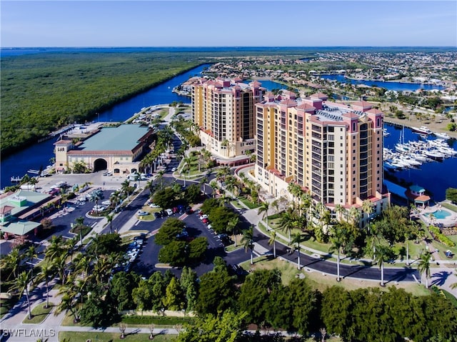 aerial view featuring a water view