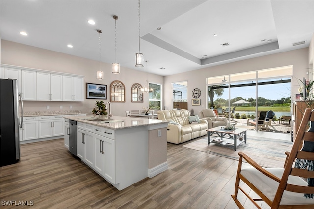 kitchen with dark wood-type flooring, white cabinets, a raised ceiling, stainless steel appliances, and a center island with sink