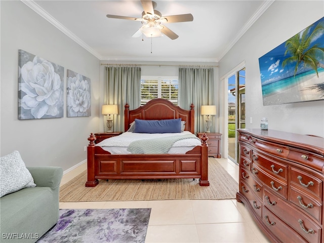 tiled bedroom with ornamental molding, access to outside, and ceiling fan