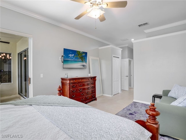 bedroom featuring light tile patterned flooring, ceiling fan, and ornamental molding