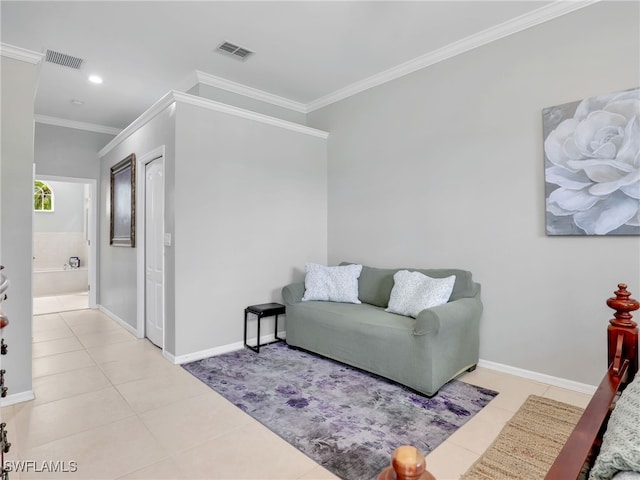 tiled living room with crown molding