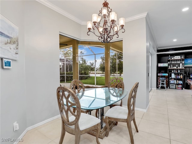 dining space with a wealth of natural light, a notable chandelier, and crown molding