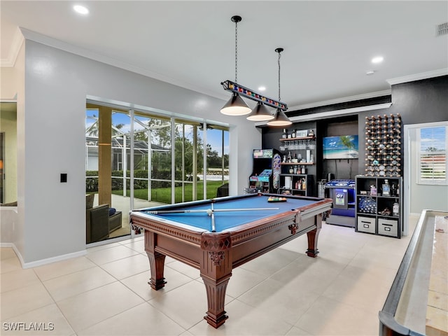 recreation room with a wealth of natural light, billiards, and ornamental molding