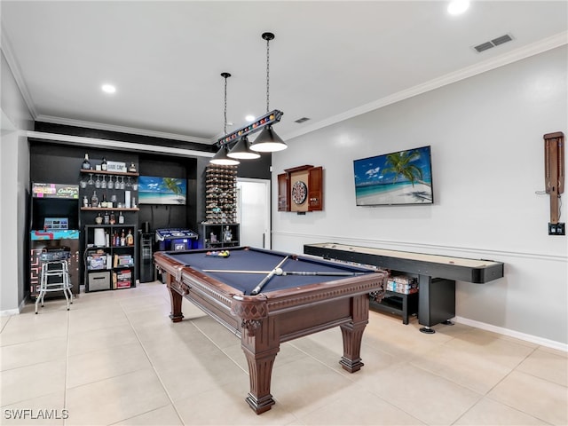 game room with billiards, tile patterned floors, and crown molding