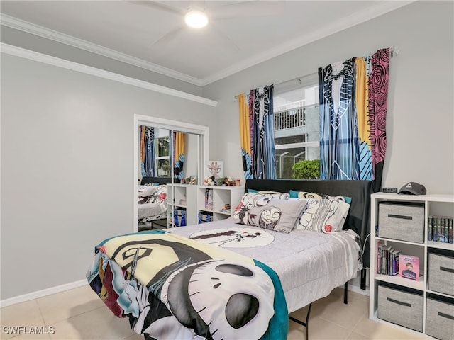 bedroom with light tile patterned flooring and crown molding