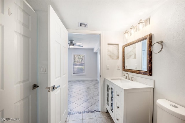 bathroom featuring tile patterned flooring, ceiling fan, toilet, and vanity