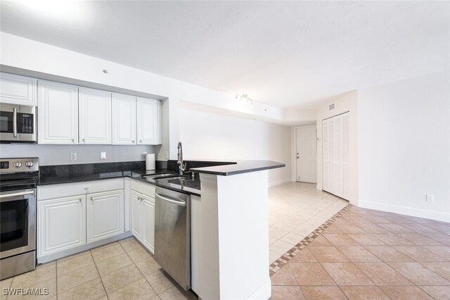 kitchen with kitchen peninsula, sink, white cabinets, and appliances with stainless steel finishes