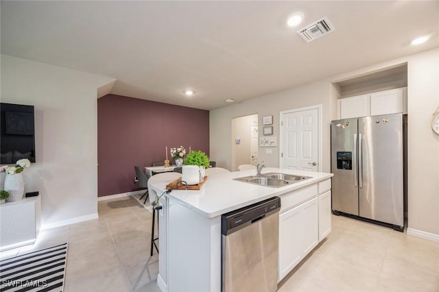 kitchen with white cabinetry, appliances with stainless steel finishes, visible vents, and a sink
