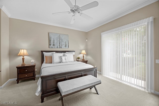 carpeted bedroom featuring ceiling fan, access to exterior, and ornamental molding