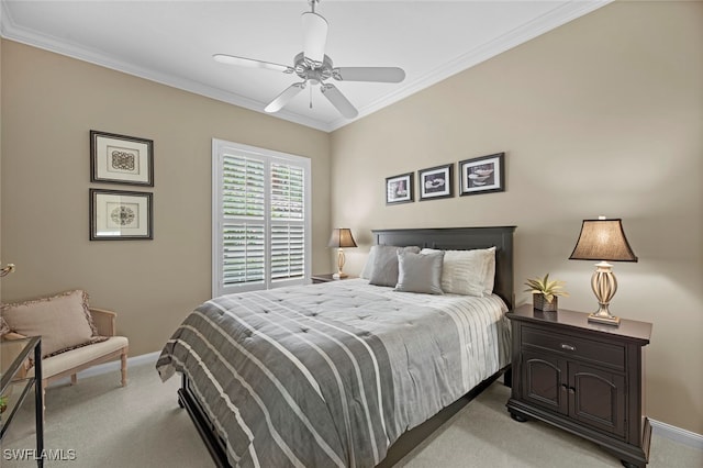 bedroom with ceiling fan, crown molding, and light carpet