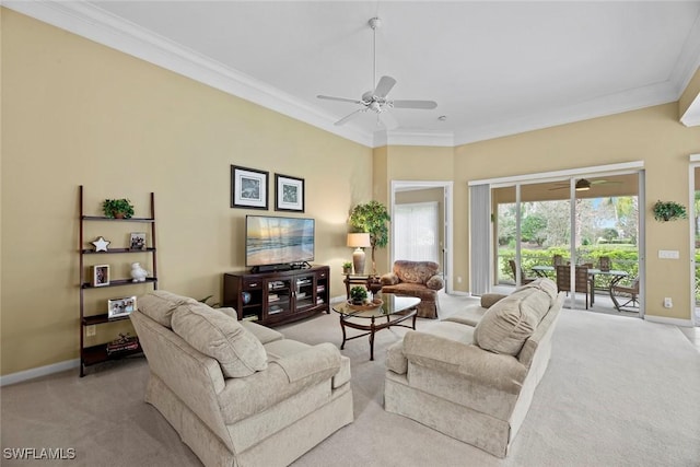 carpeted living room featuring ornamental molding