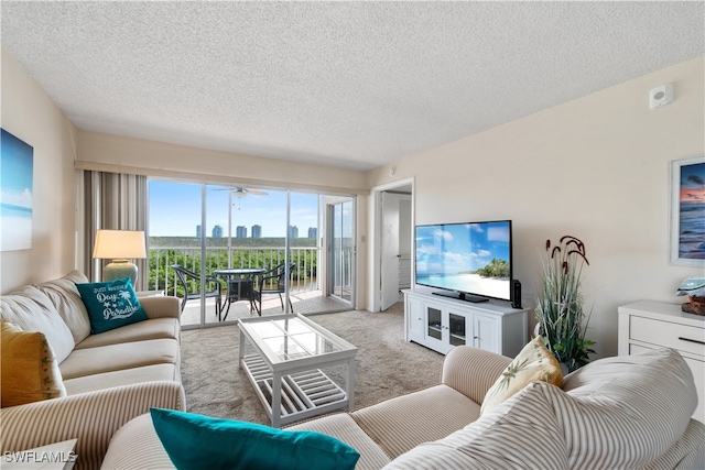 living room with light carpet and a textured ceiling