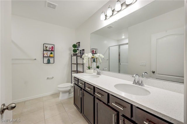 bathroom with tile patterned flooring, walk in shower, vanity, and toilet