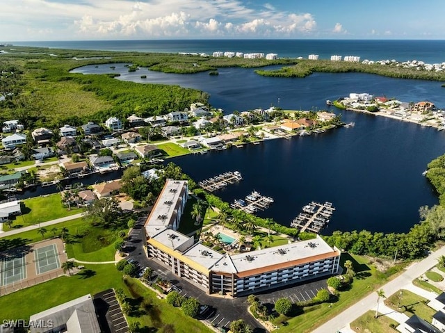 bird's eye view with a water view