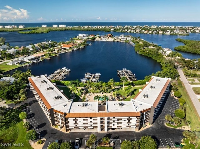 drone / aerial view with a water view