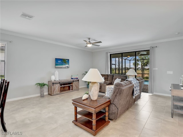 living room featuring ceiling fan, crown molding, and light tile patterned floors