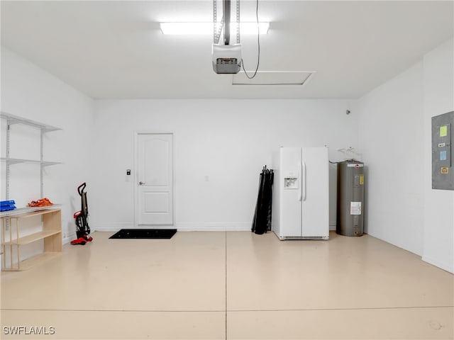 garage featuring electric panel, electric water heater, a garage door opener, and white refrigerator with ice dispenser