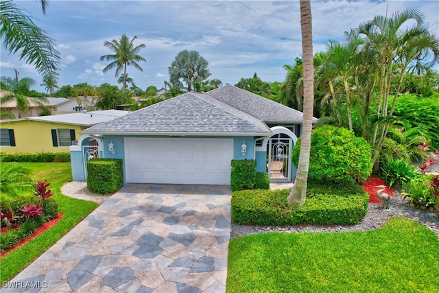 ranch-style home with a front lawn and a garage