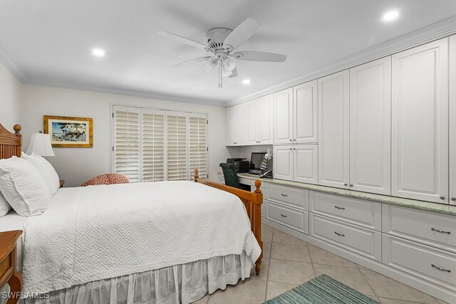 tiled bedroom with ceiling fan and crown molding